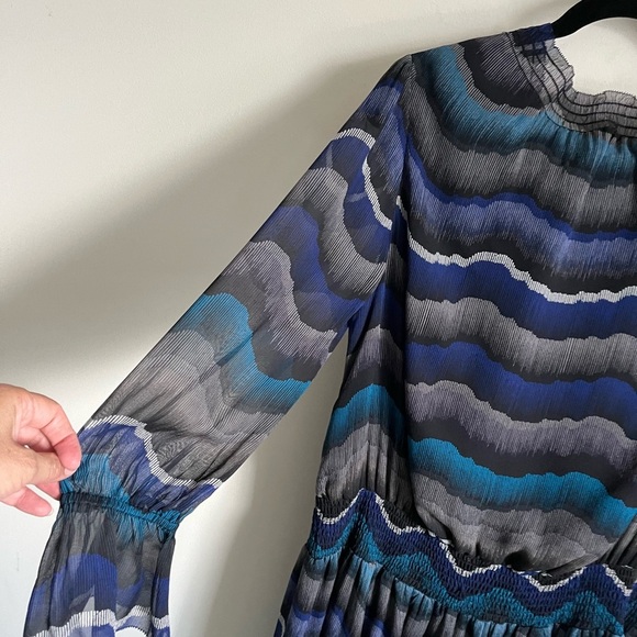 Diane Von Furstenburg Kelley Smocked Chiffon Silk Peacock Chevron Dress sz 12 - Picture 6 of 16